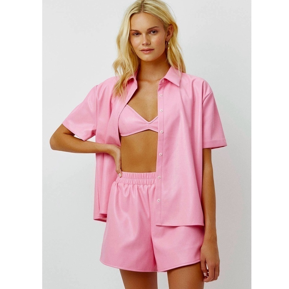 NWT FRANKIES BIKINIS Bubblegum Pink Vegan‎ Leather High Waisted Pull On Shorts M - Picture 8 of 10